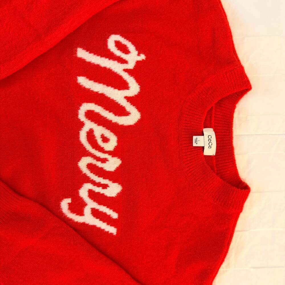 CeCe Merry Graphic Crewneck Sweater Red Holiday Pullover Size L - Picture 2 of 6